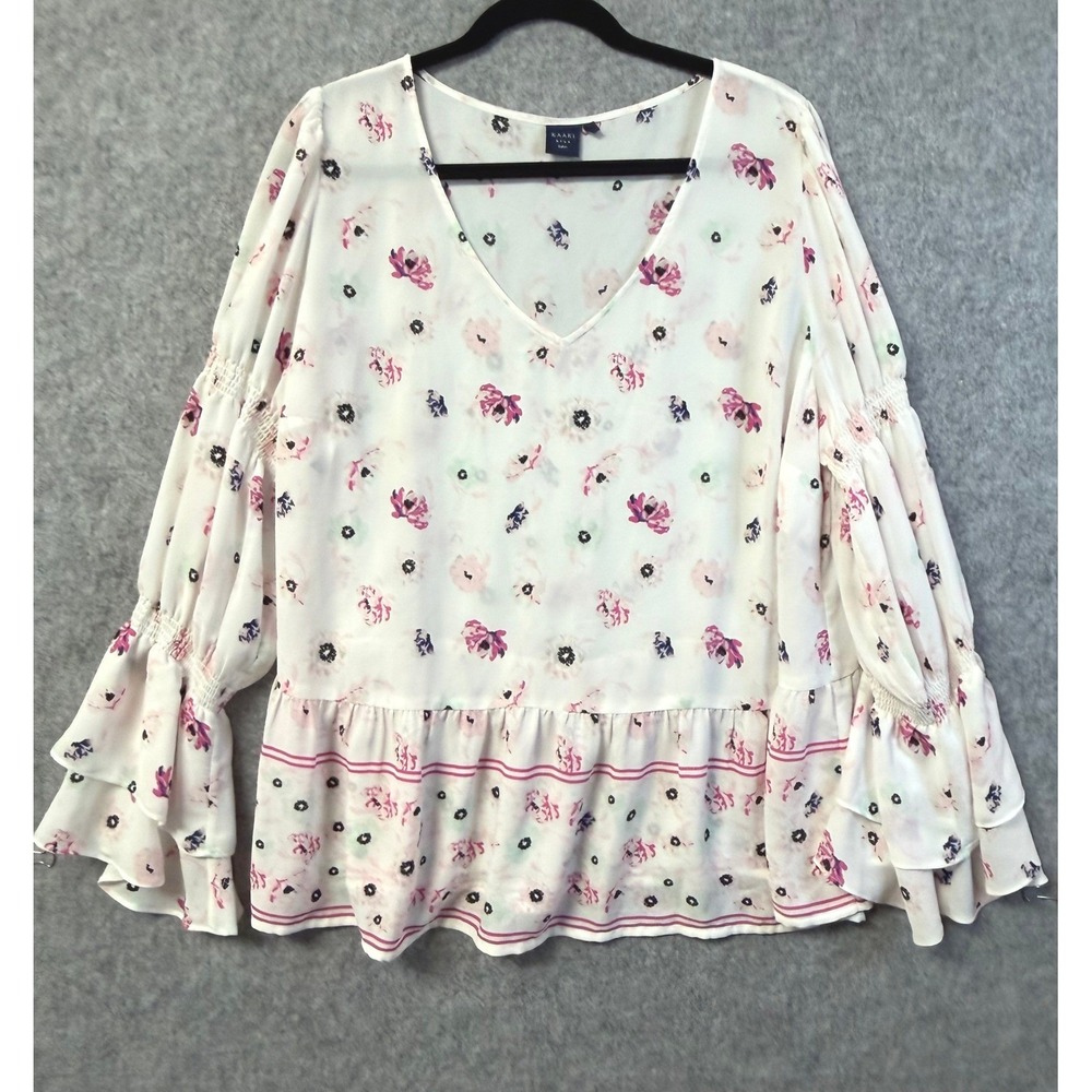 Kaari Blue Curvy Floral V-Neck Blouse White Pink‎ Bell Sleeve Peplum Top